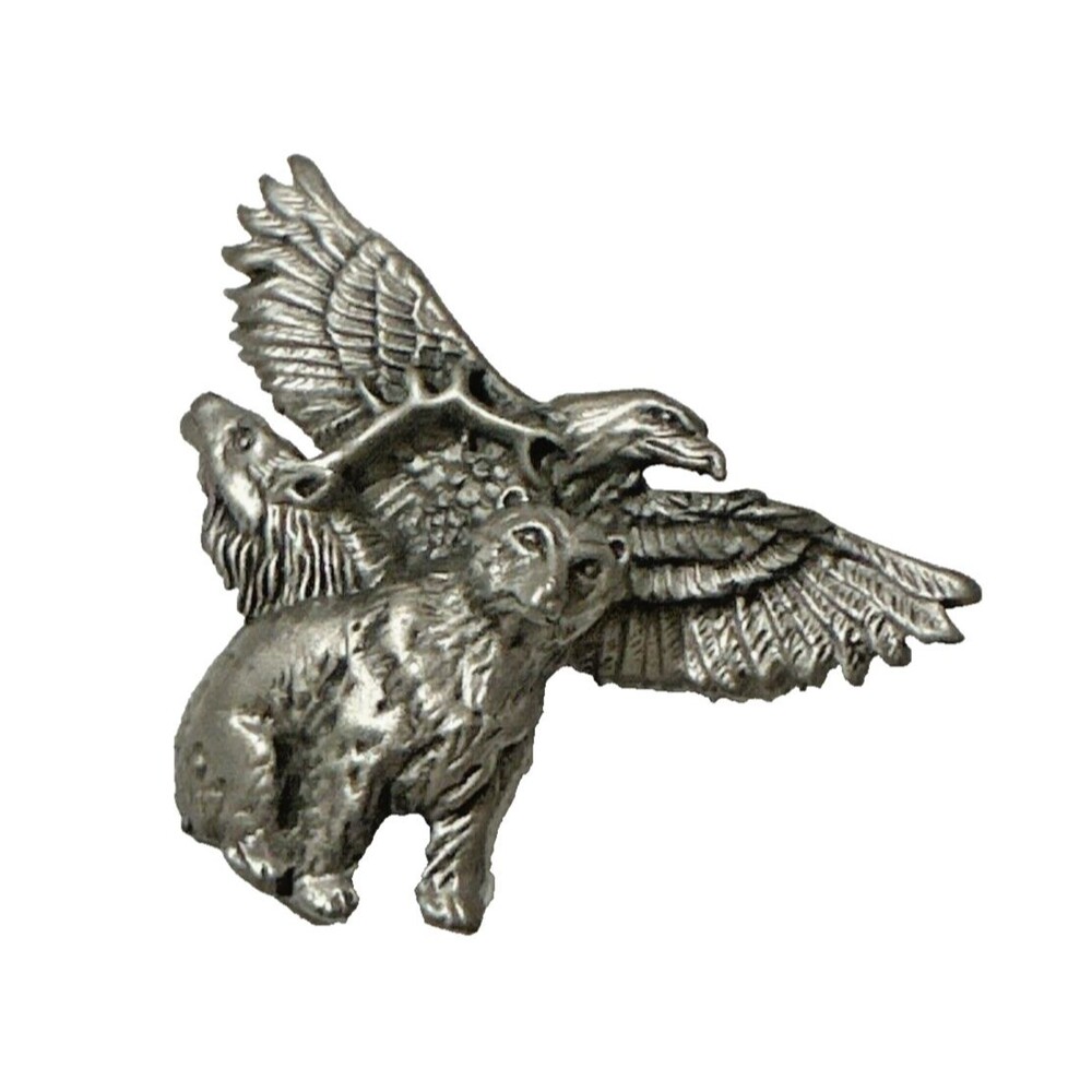 Vintage FABLE PEWTER Brooch Eagle Bear Moose 1980s Woodland Animal Pin 1.75"